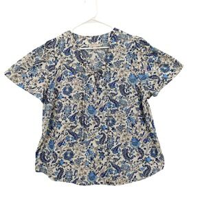 Knox Rose Womens Boho Cottagecore Lace Up Neck Floral Top XL Blue Cotton Poplin